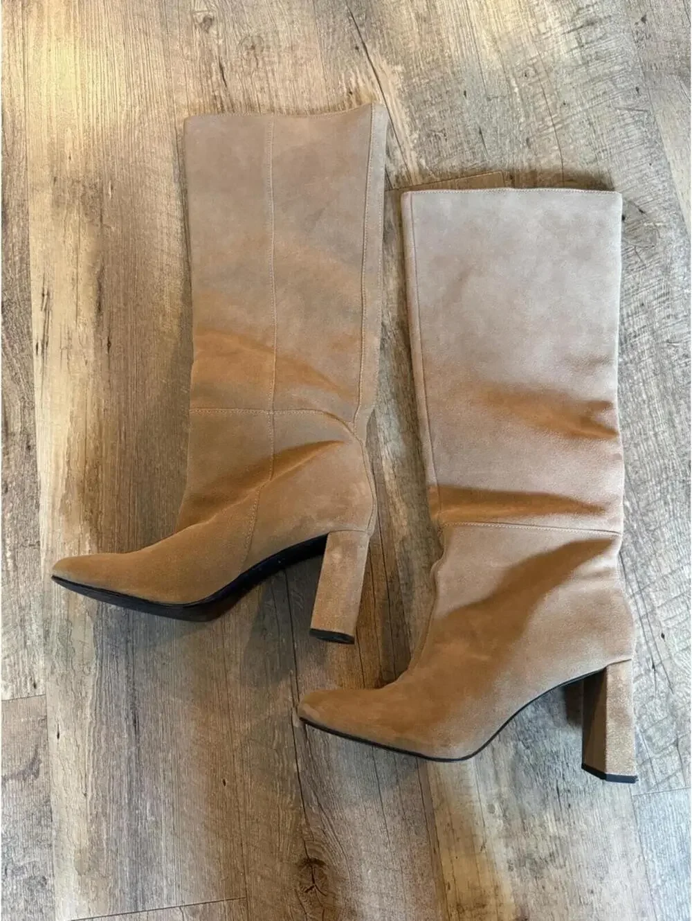 Zara Tan Suede Tall Block Heel Boots EU 39 US 8/8.5